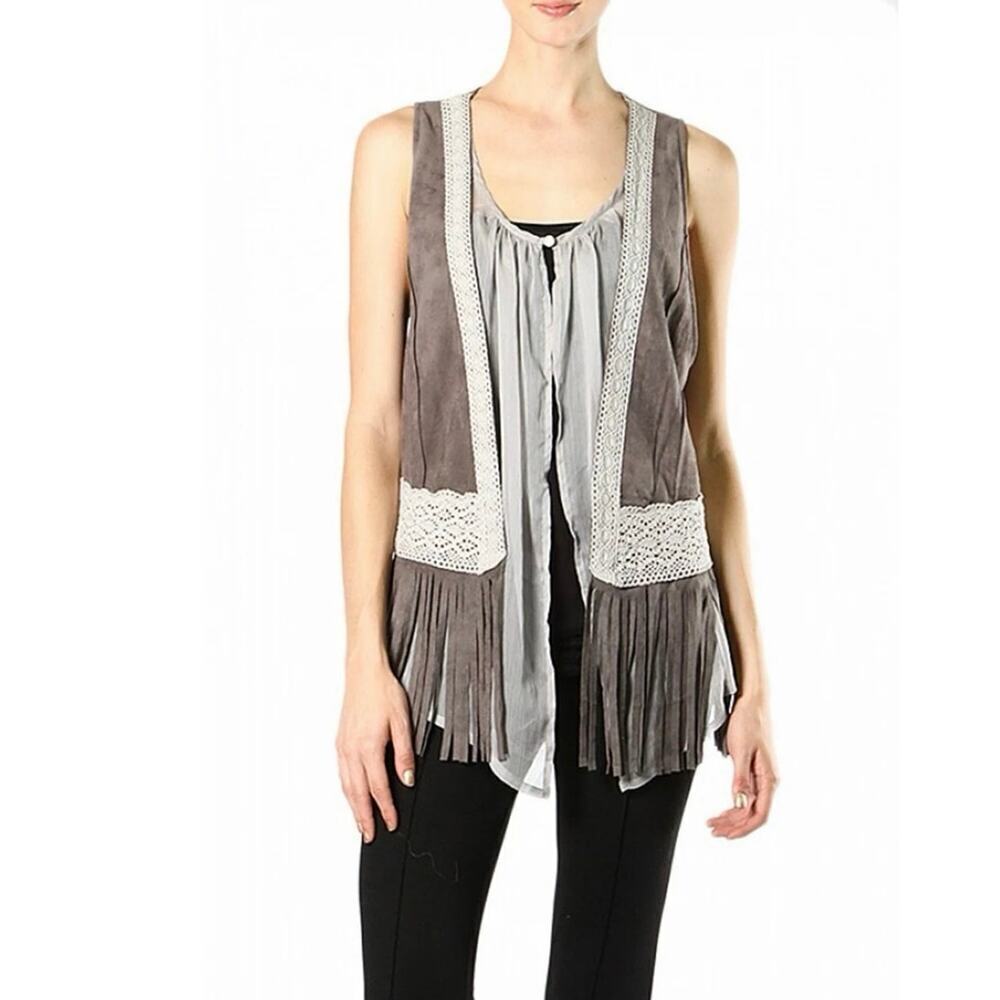 Ryu Boho Fringe Vest Sz L, M Taupe Faux Suede Crochet Trim Festival Layering